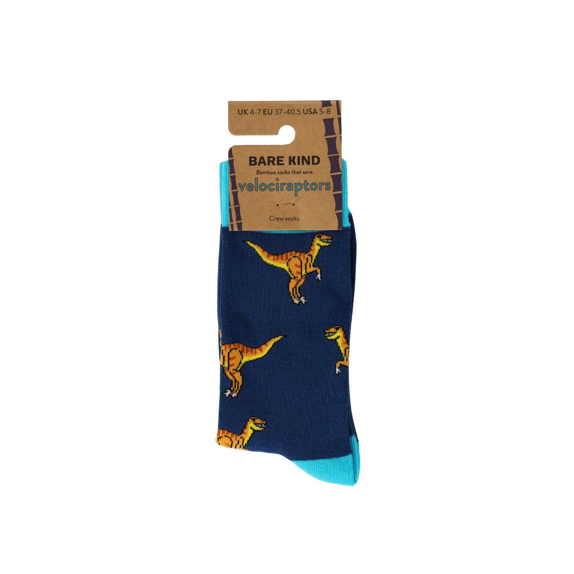 Blue sock with dinosaur pattern and Bare Kind packaging on a white background