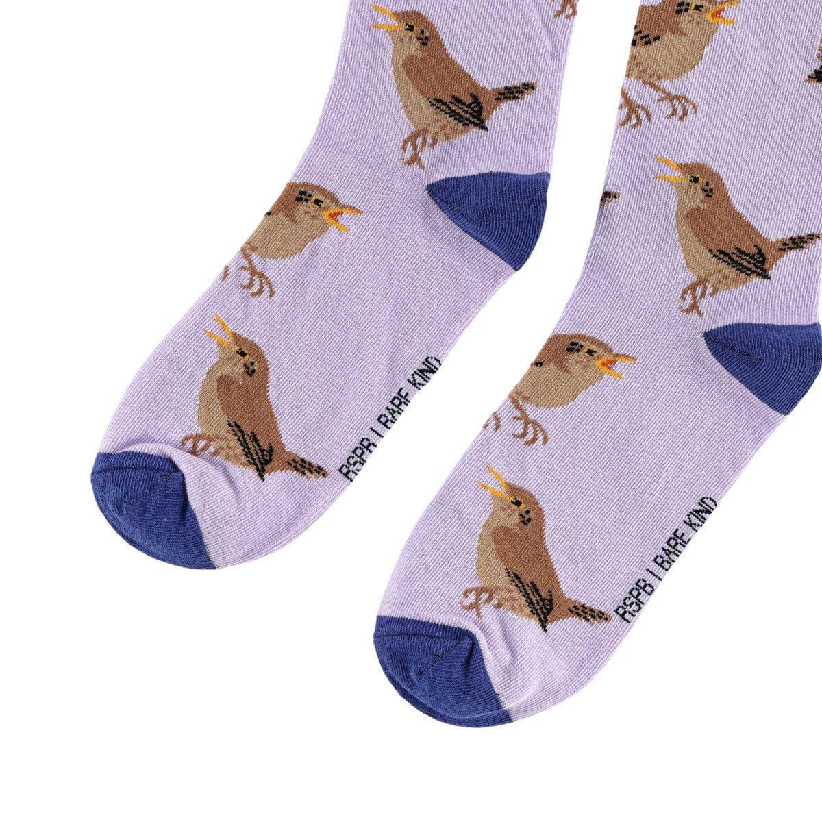 A pair of light lavender crew socks with a repeating pattern of brown birds and blue heels/toes