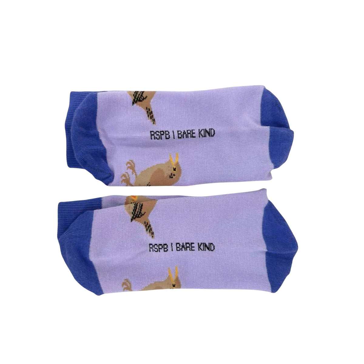 A pair of low-cut socks with a light lavender purple body, dark blue heels and toes, and a cartoon graphic of a yellow bird with the text 'RSPB I BARE KIND' printed on the side.