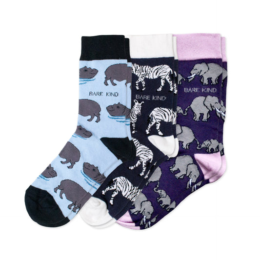 flat lays of blue hippo, black zebra, purple elephant bamboo socks