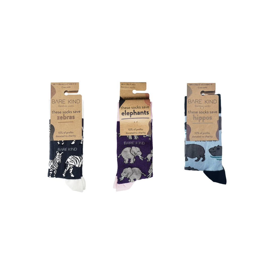 African safari bare kind bamboo socks 3 pack bundle