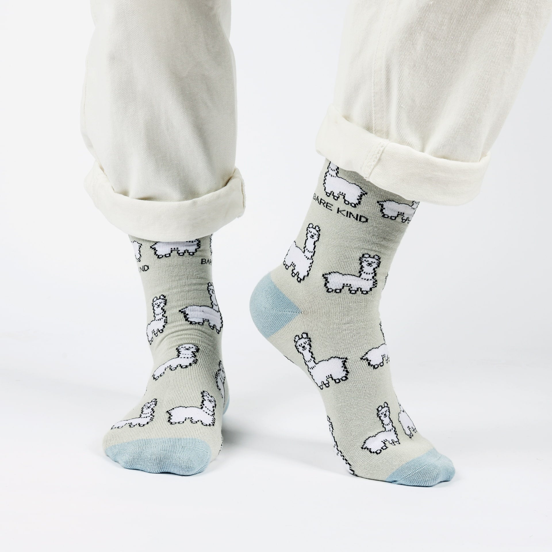 model wearing grey blue alpaca bamboo socks