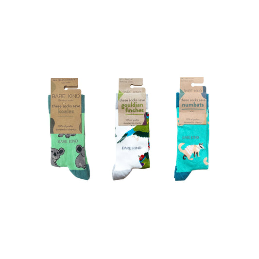 Bare Kind Australia 3 pack bundle which includes koalas, gouldian finches, and numbats bamboo socks