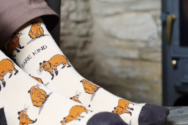 model wearing capybara bamboo socks in a cosy place