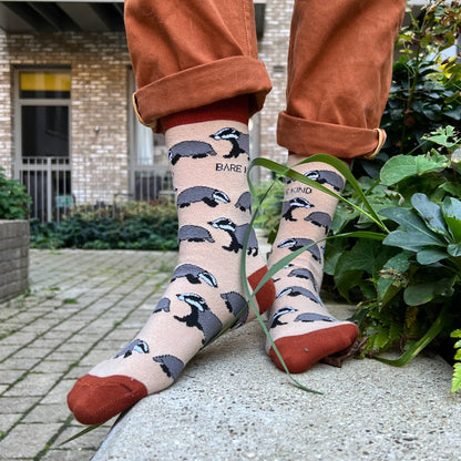 model wearing cream badger bamboo socks