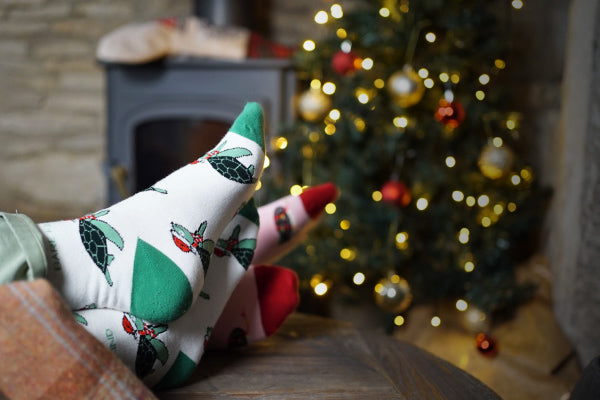 model wearing green Christmas turtle bamboo socks and pink hedgehog bamboo socks next to a Christmas tree