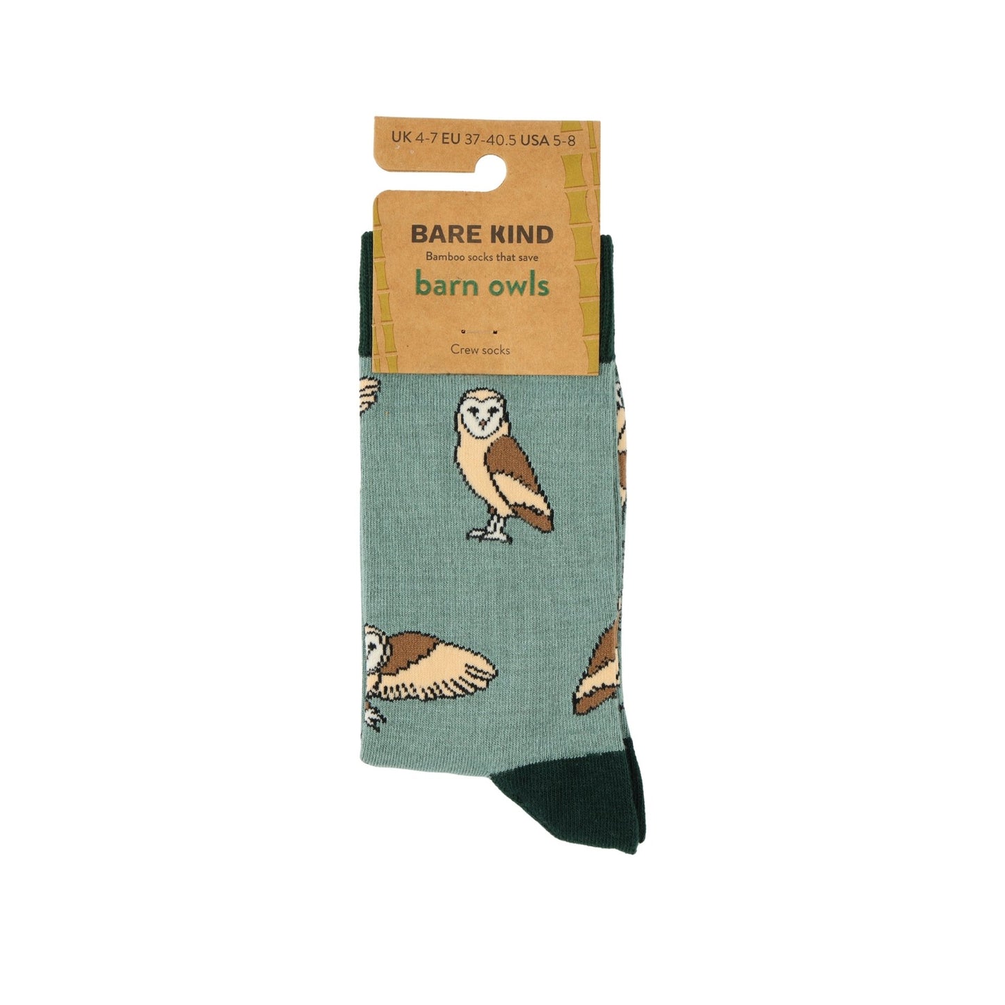 Green sock with owl pattern and Bare Kind packaging on a white background