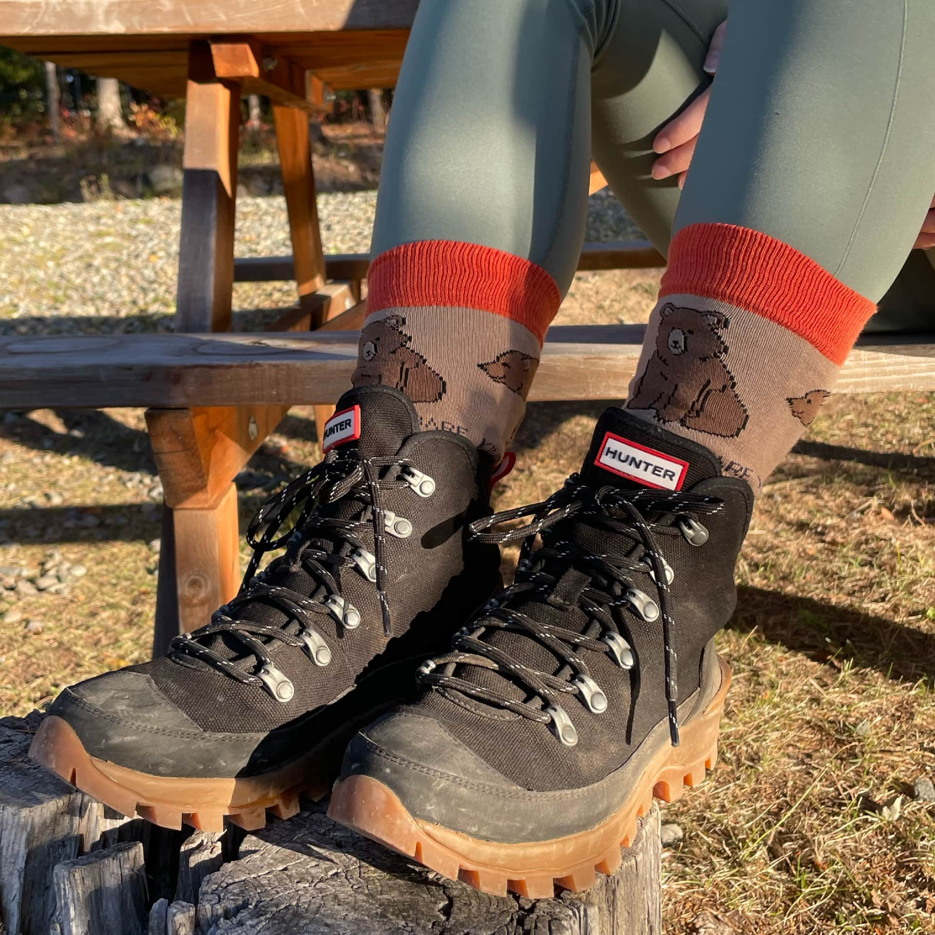 model wearing brown bear bamboo socks