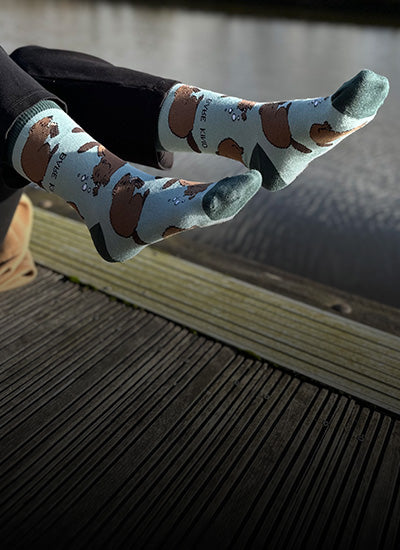 model wearing beaver socks