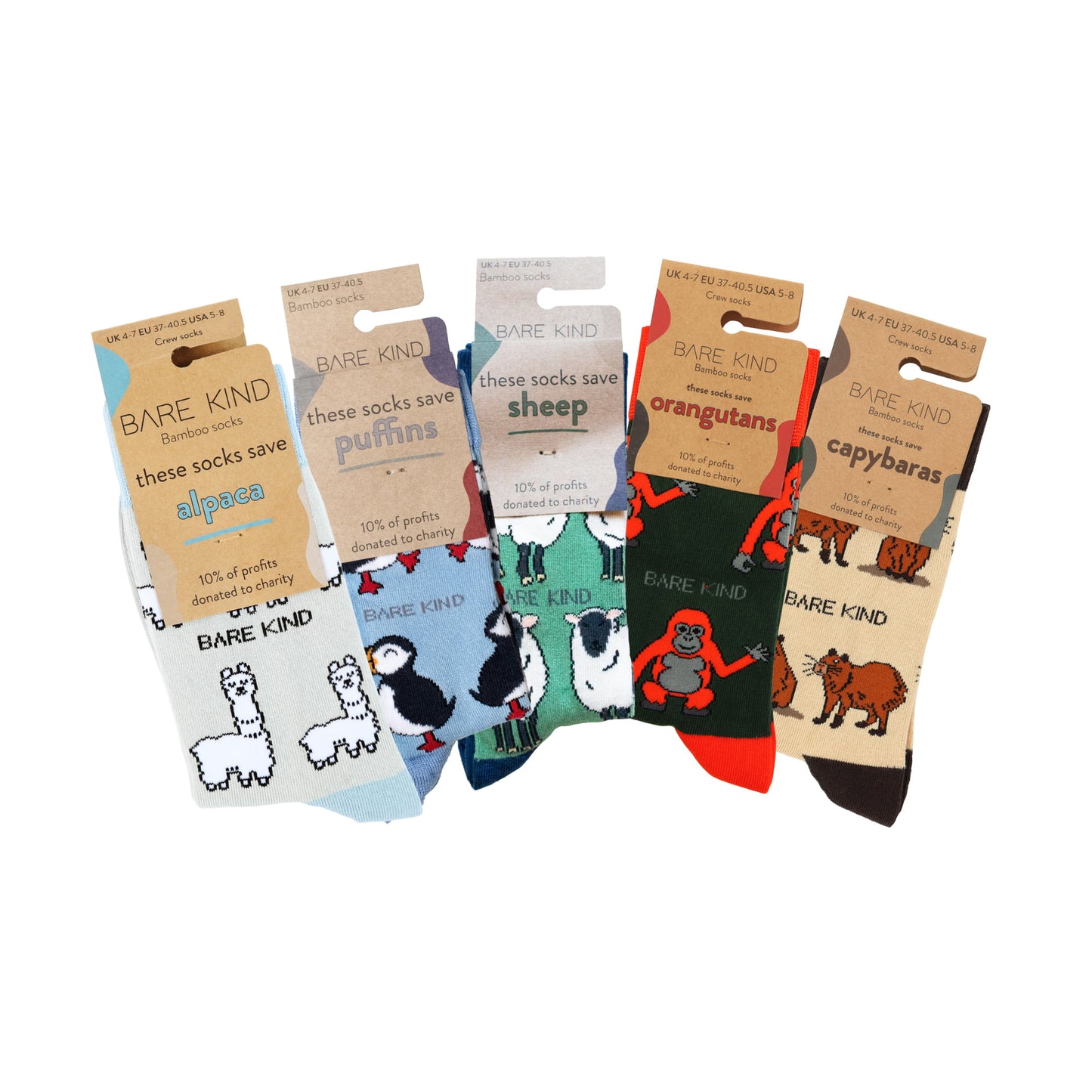 packaging flat lays of alpaca, puffin, sheep, orangutan, capybara bamboo socks