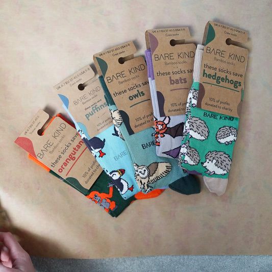 bestseller socks packaging, orangutan, puffins, owls, bats, hedgehogs bamboo socks