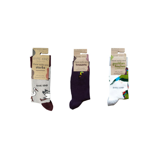 Bare Kind Birds 3 pack bundle which includes storks, toucans, and gouldian finches bambo socks packaging