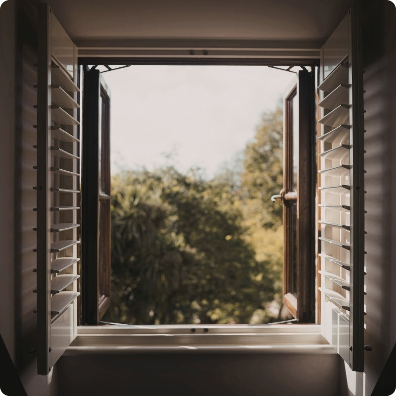 Open window with wooden shutters showing a view of trees