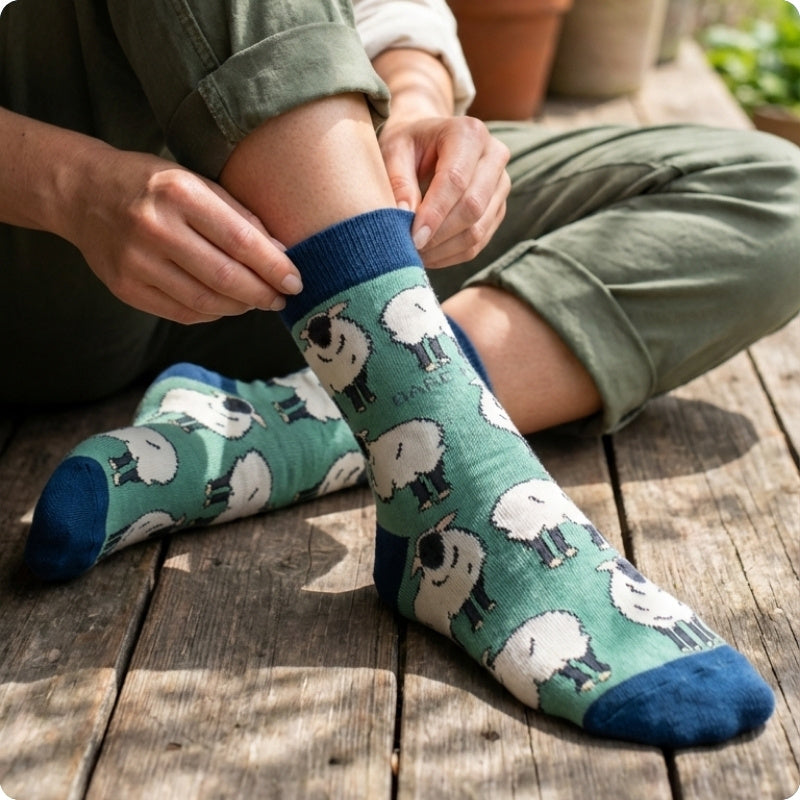 Person wearing socks with sheep pattern on a wooden floor
