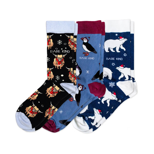 flat lay image of blue christmas bundle made up of christmas highland cow, puffin and polar bear bamboo socks