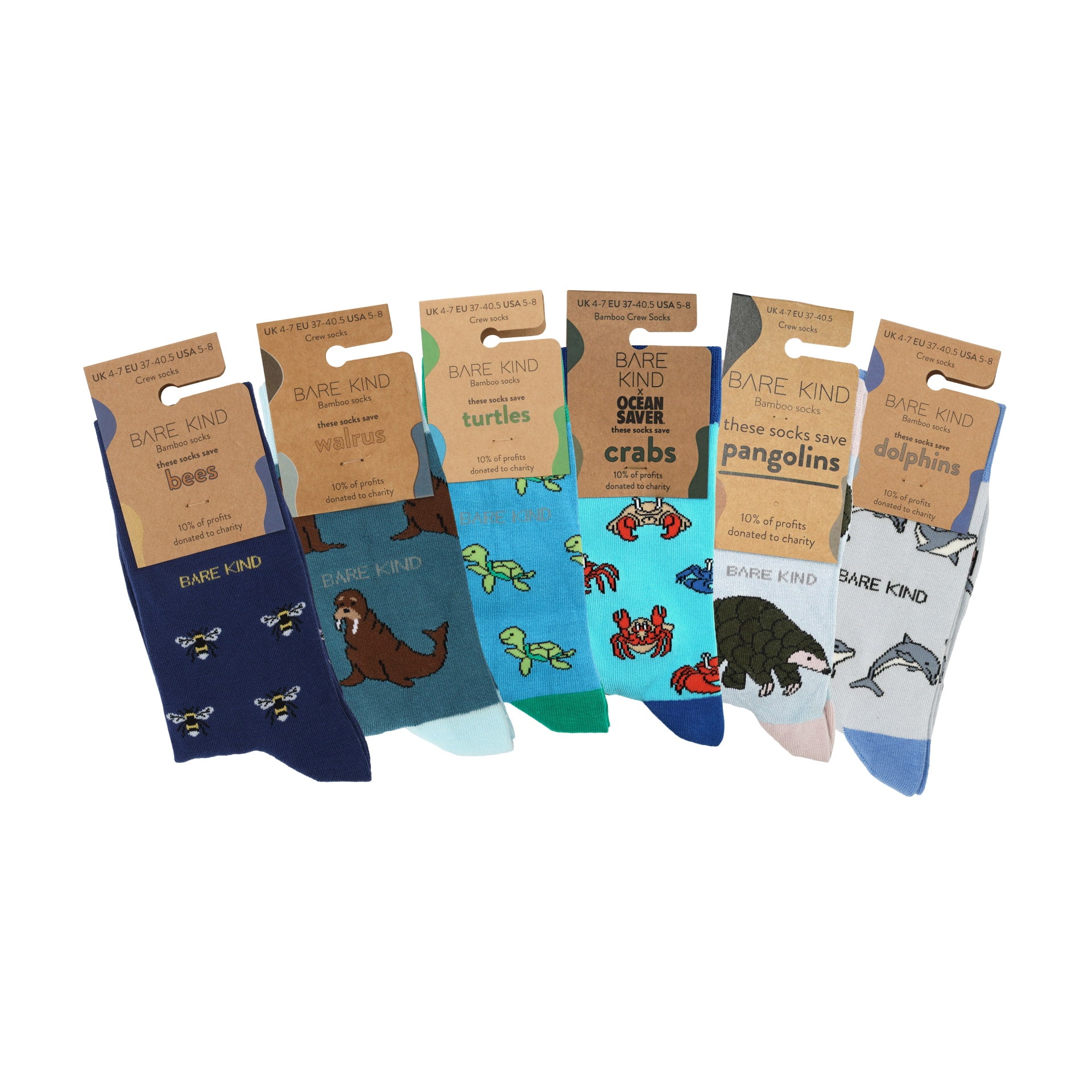 Packaging flat lays of blue bee motif, walrus, turtle, crab, pangolin, dolphin bamboo socks