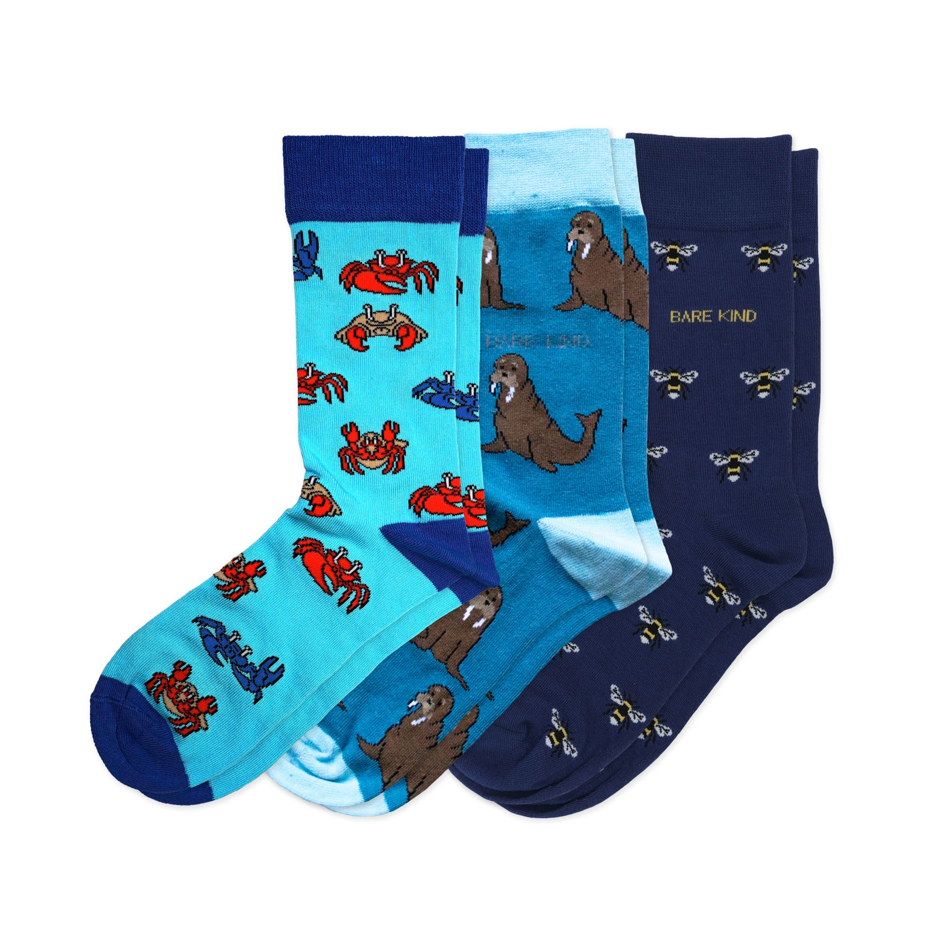 flat lays of blue crab, walrus and bee motif bamboo socks