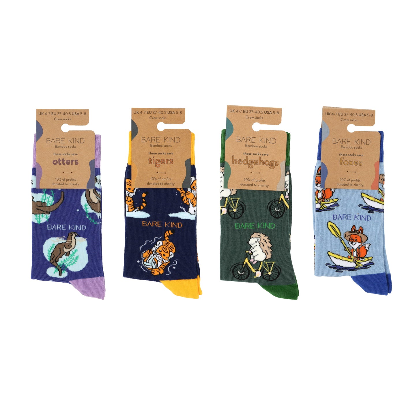 packaging flat lay of the sporty animal bamboo socks bundle containing sporty otters, tigers, hedgehogs and foxes