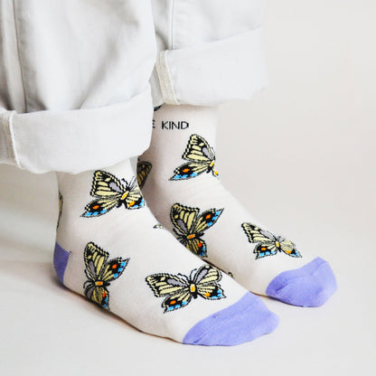 model wearing cream purple butterfly bamboo socks