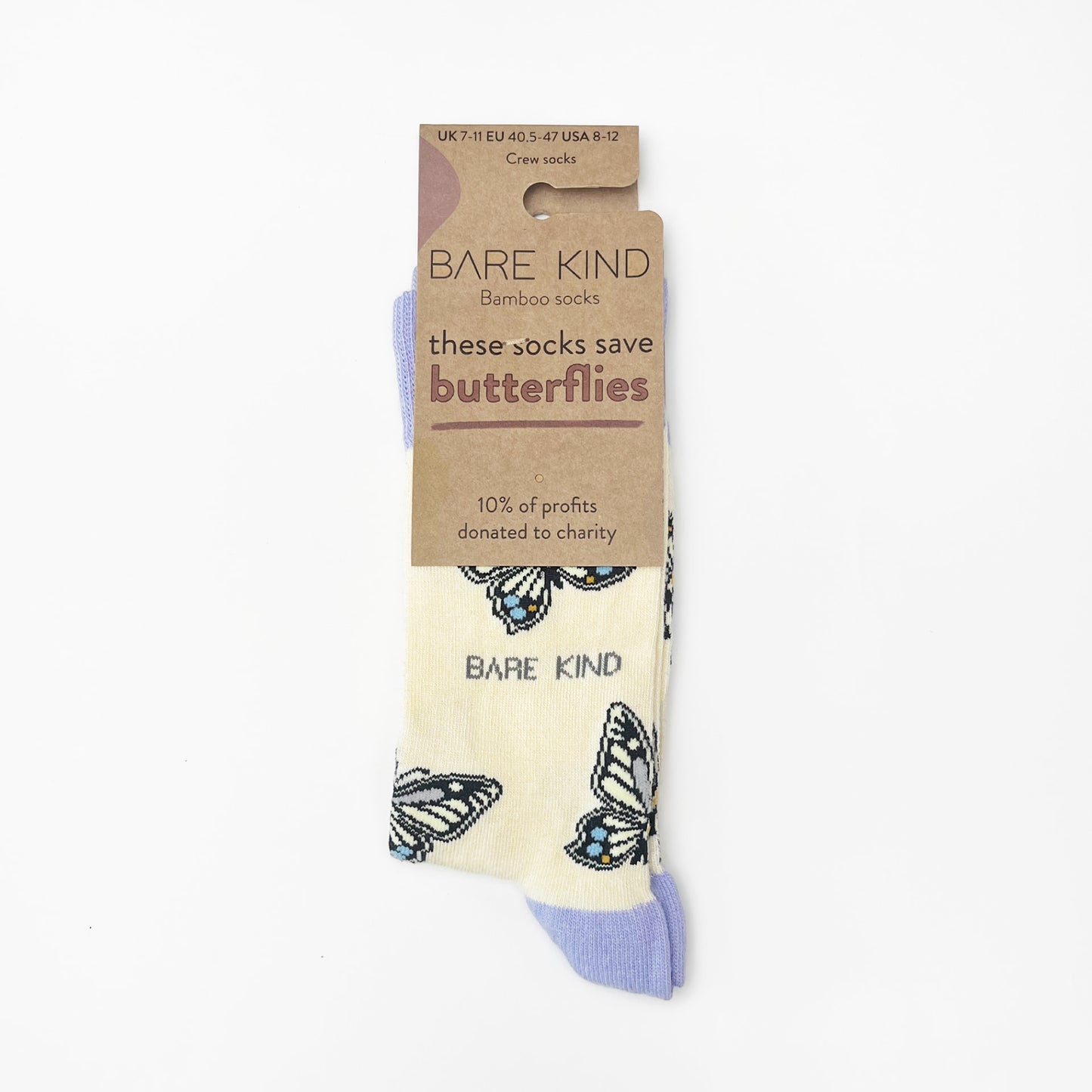 packaging of cream and lavender bamboo butterfly socks