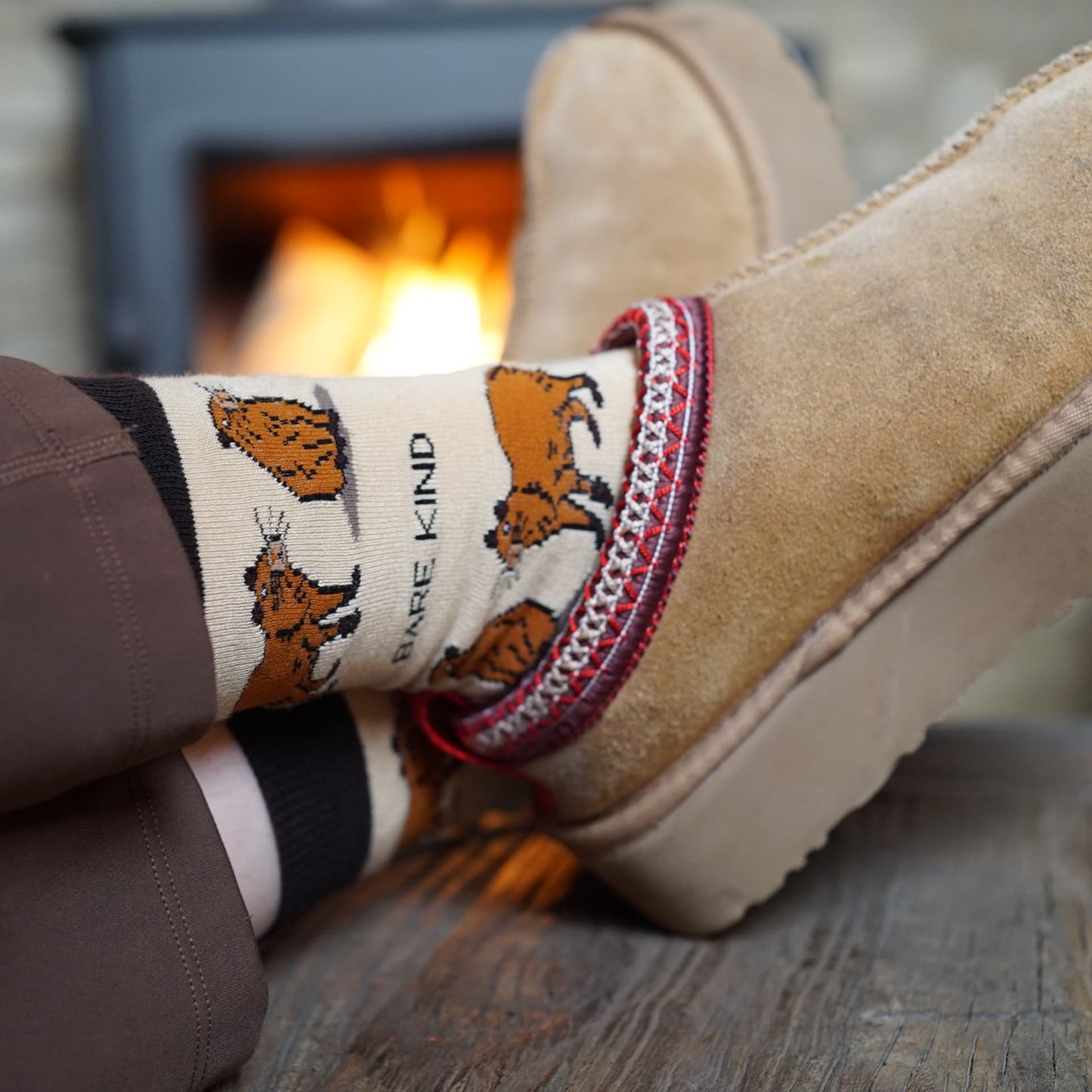 model wearing brown capybara bamboo socks