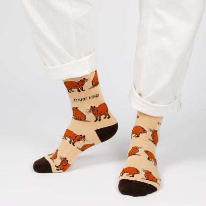 model wearing brown capybara bamboo socks