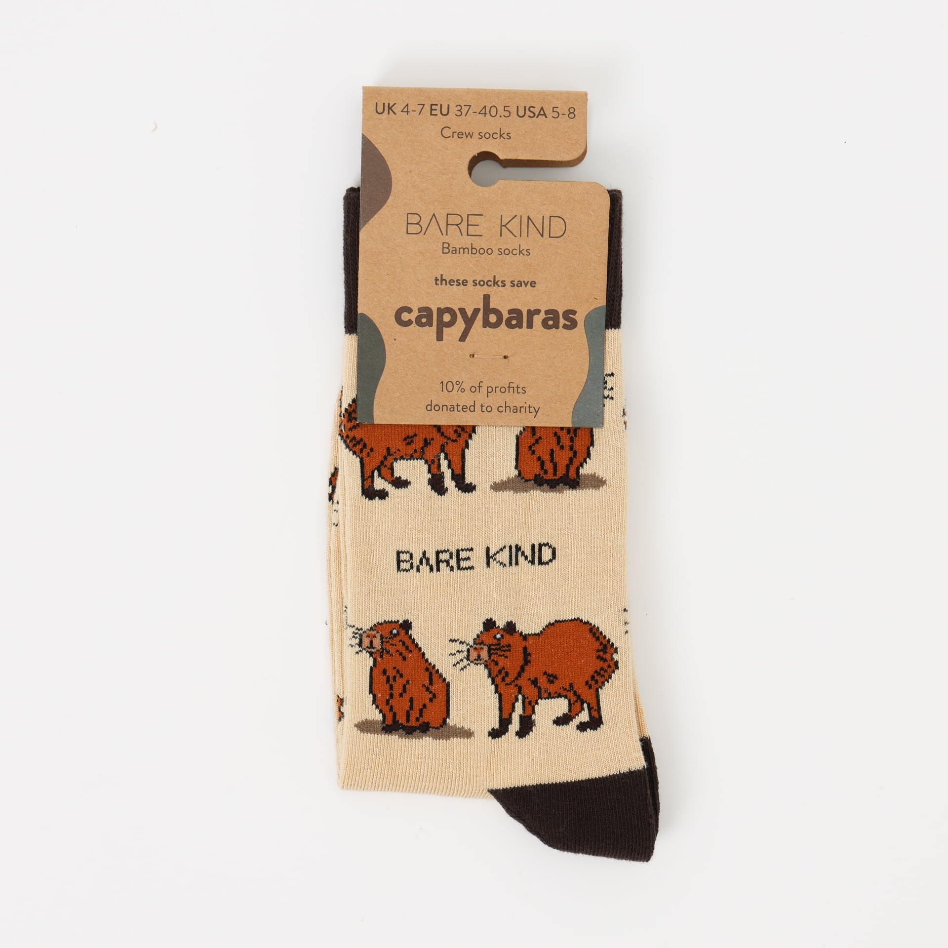 packaging flat lay of brown capybara bamboo socks