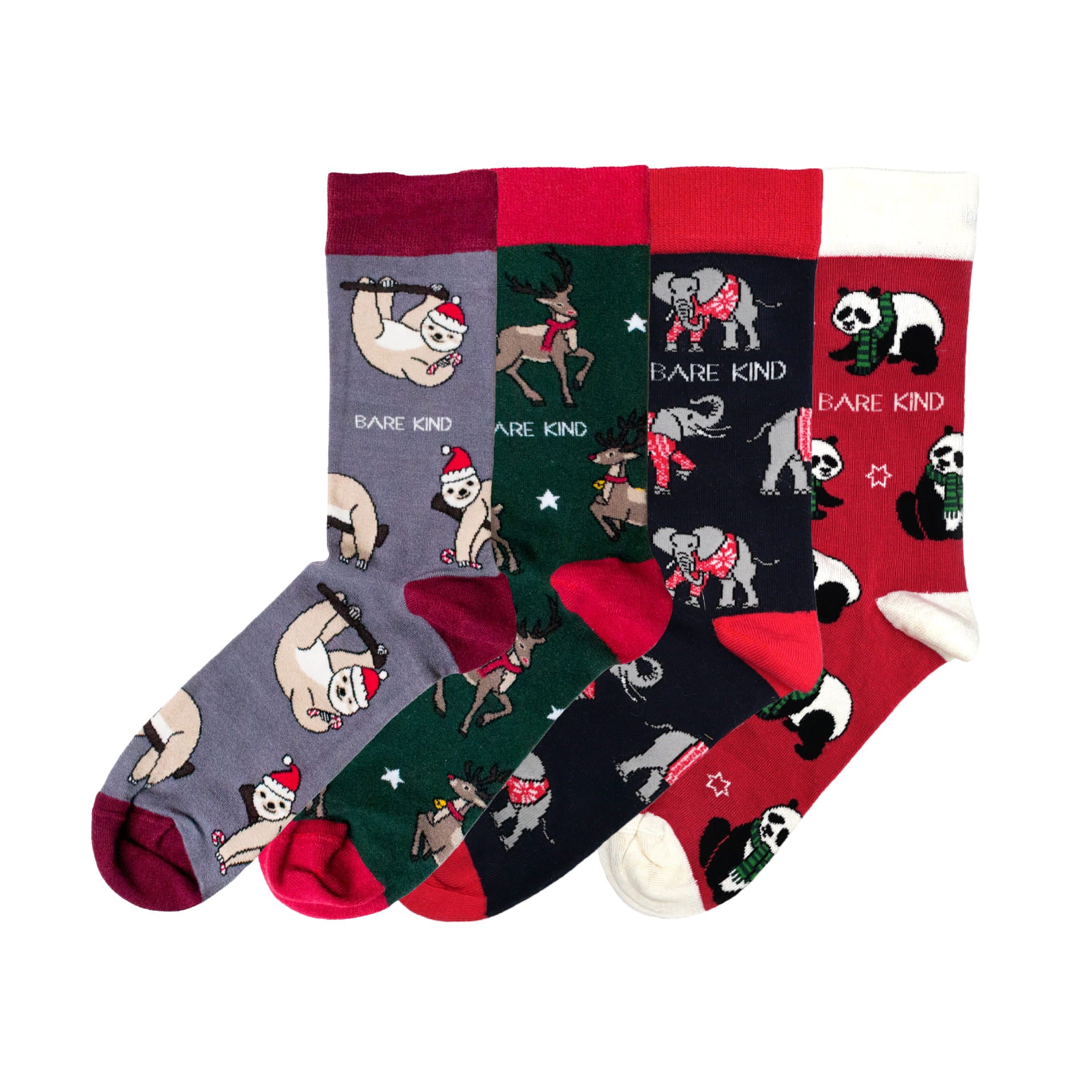 flat lay image of christmas sloth, reindeer, elephant and panda bamboo socks