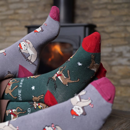 lifestyle image of models wearing christmas sloth and reindeer bamboo socks