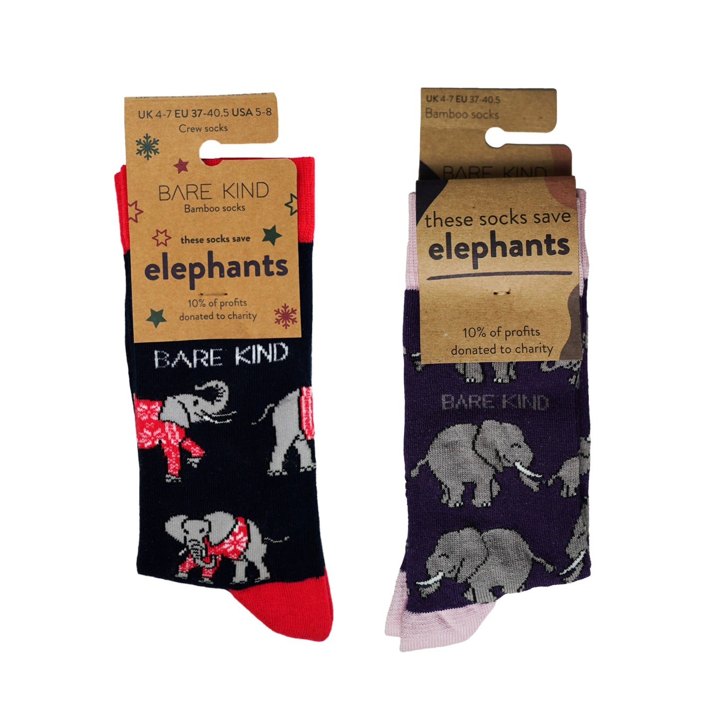 packaging flat lays of Christmas elephant and purple elephant bamboo socks