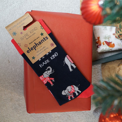 lifestyle image packaging of christmas elephant bamboo socks