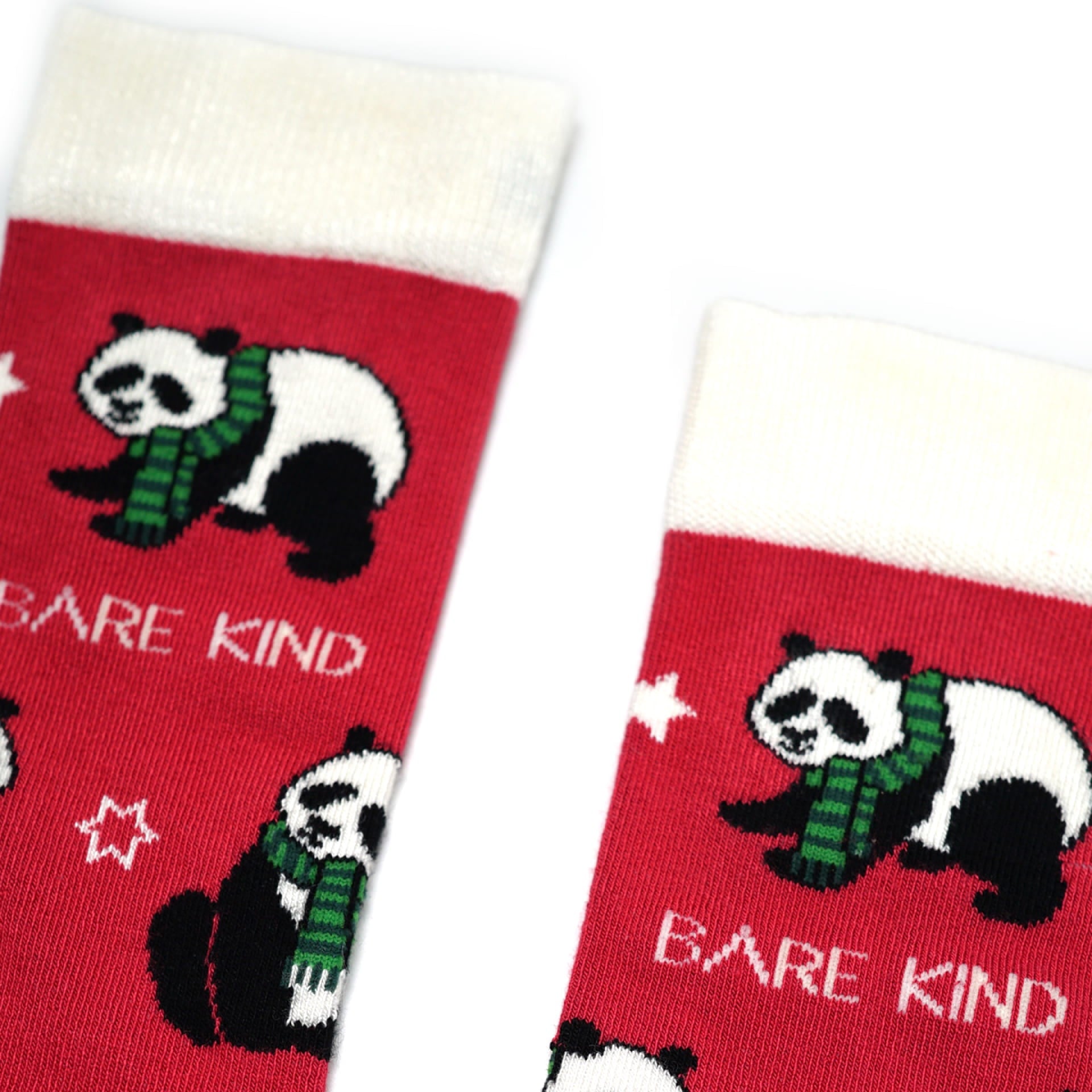 closeup to red christmas panda bamboo socks