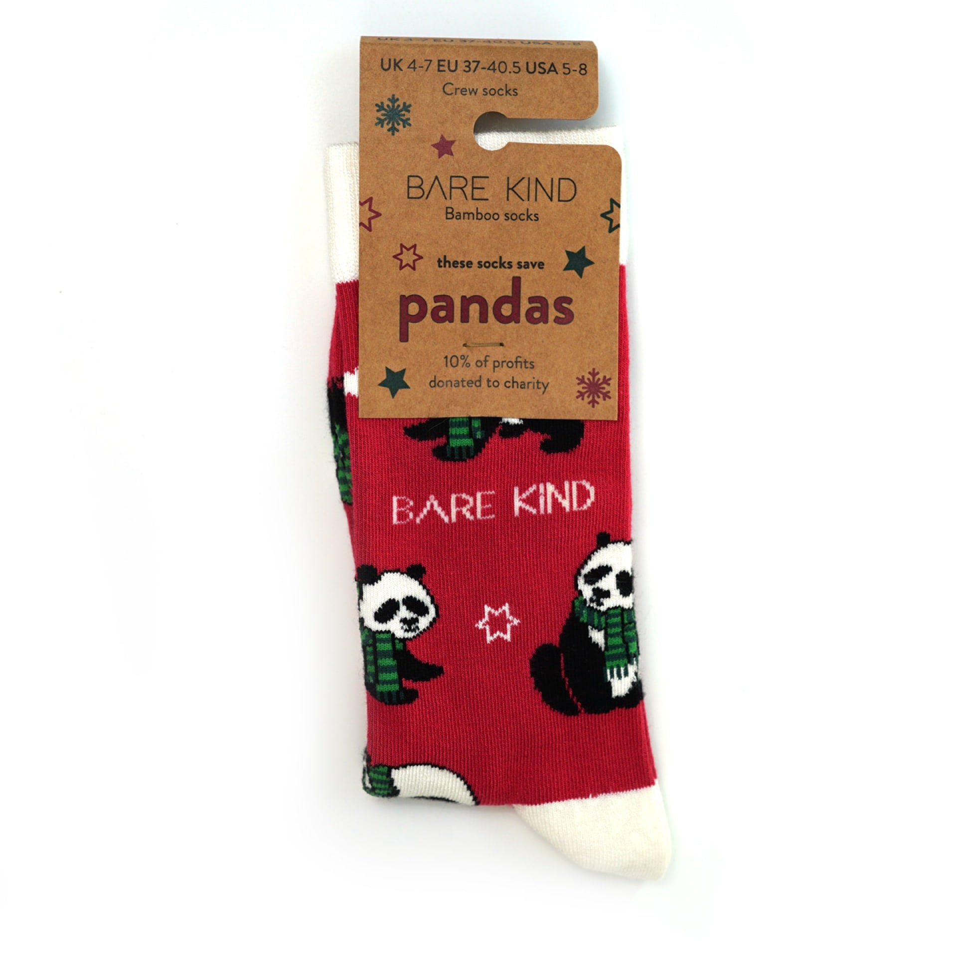 packaging flat lay of red christmas panda bamboo socks