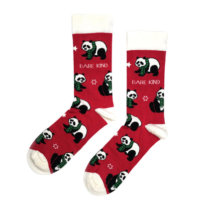 flat lay of red christmas panda bamboo socks