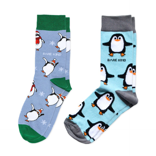 flat lays of penguin and christmas penguin bamboo socks