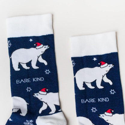 closeup to blue christmas polar bear bamboo socks