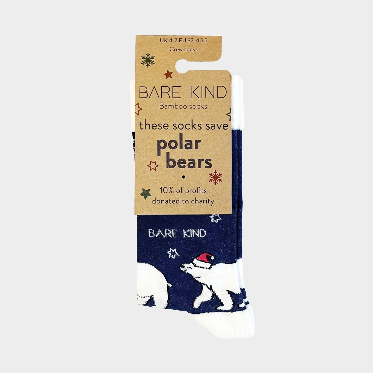 packaging flat lay of blue christmas polar bear bamboo socks