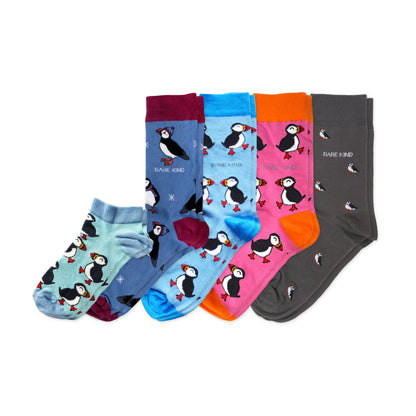 flat lays of blue, pink, grey, christmas puffin bamboo socks