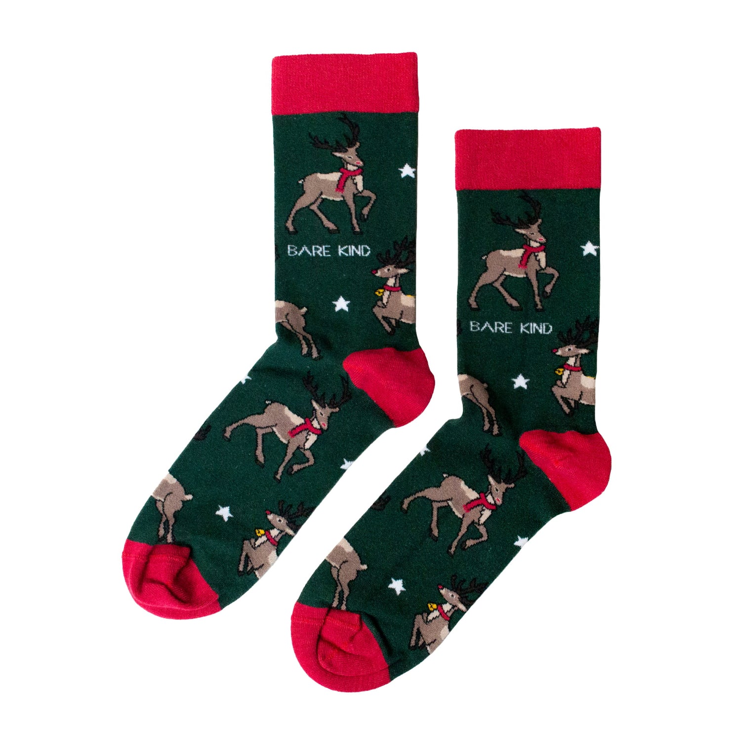 flat lay of green christmas reindeer bamboo socks