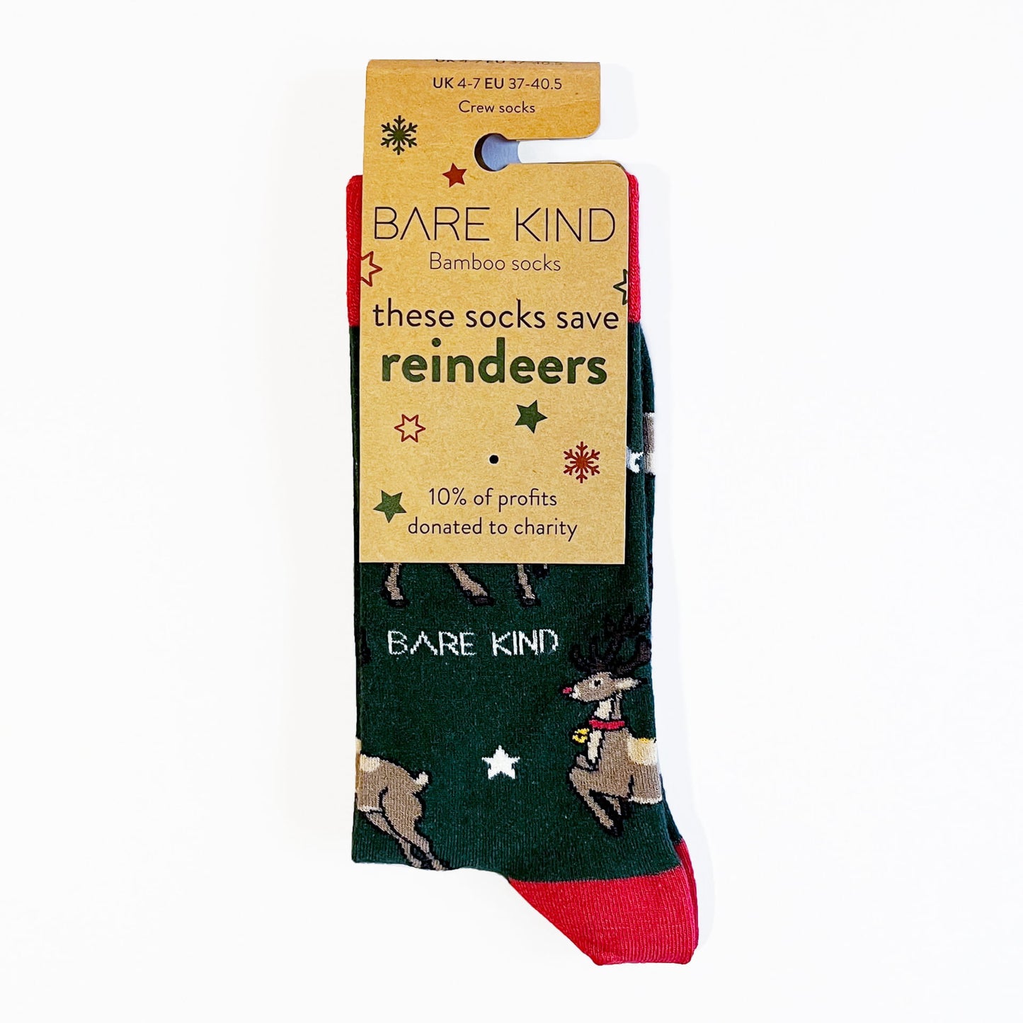 packaging flat lay of green christmas reindeer bamboo socks