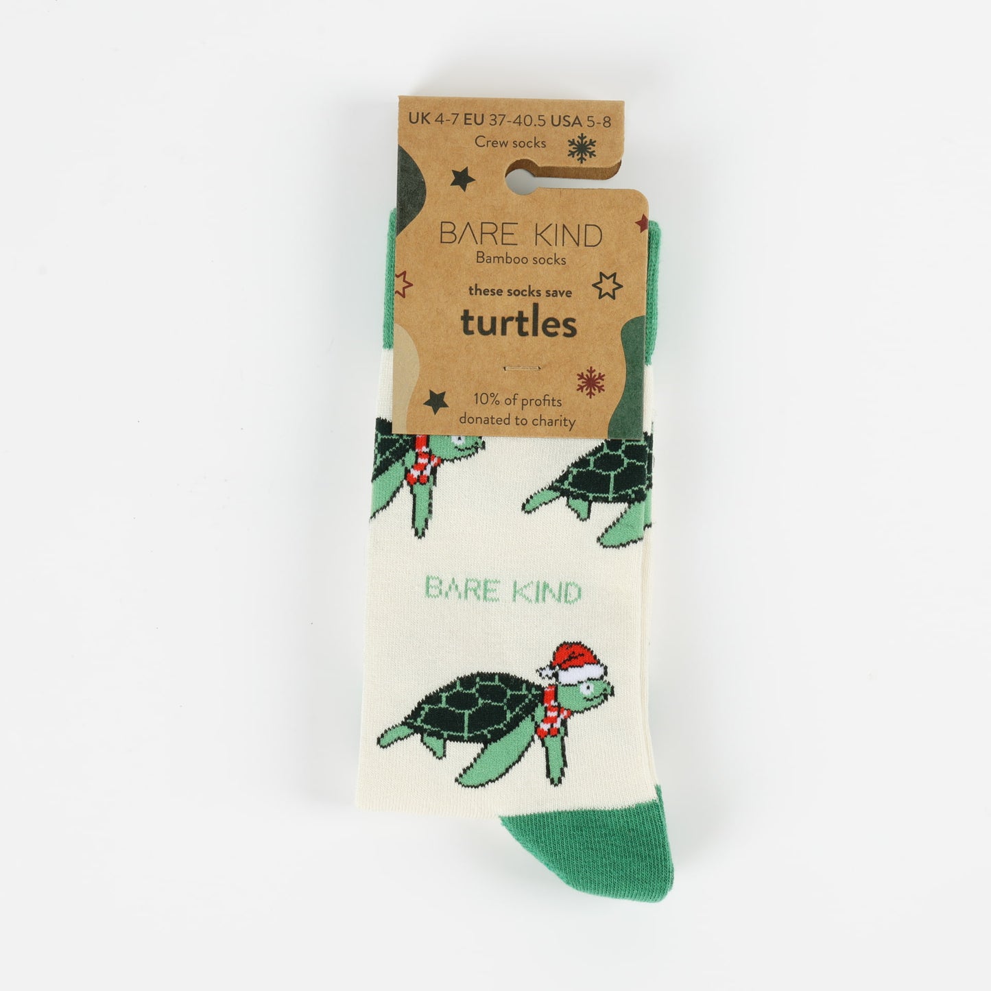 Packaging flat lay of christmas turtle bamboo socks