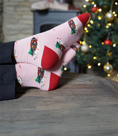 Person wearing festive socks with hedgehogs design in front of a decorated Christmas tree.