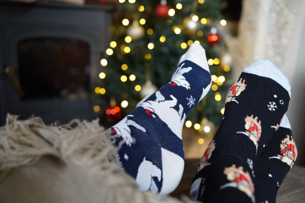 people wearing blue polar bear and black Highland cow bamboo socks in front of Christmas tree