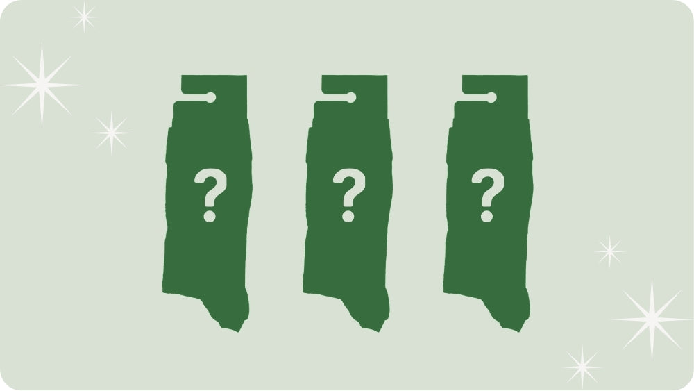 Three dark green silhouette shapes resembling socks with white question marks inside, arranged vertically on a pale green background with white sparkle graphics.