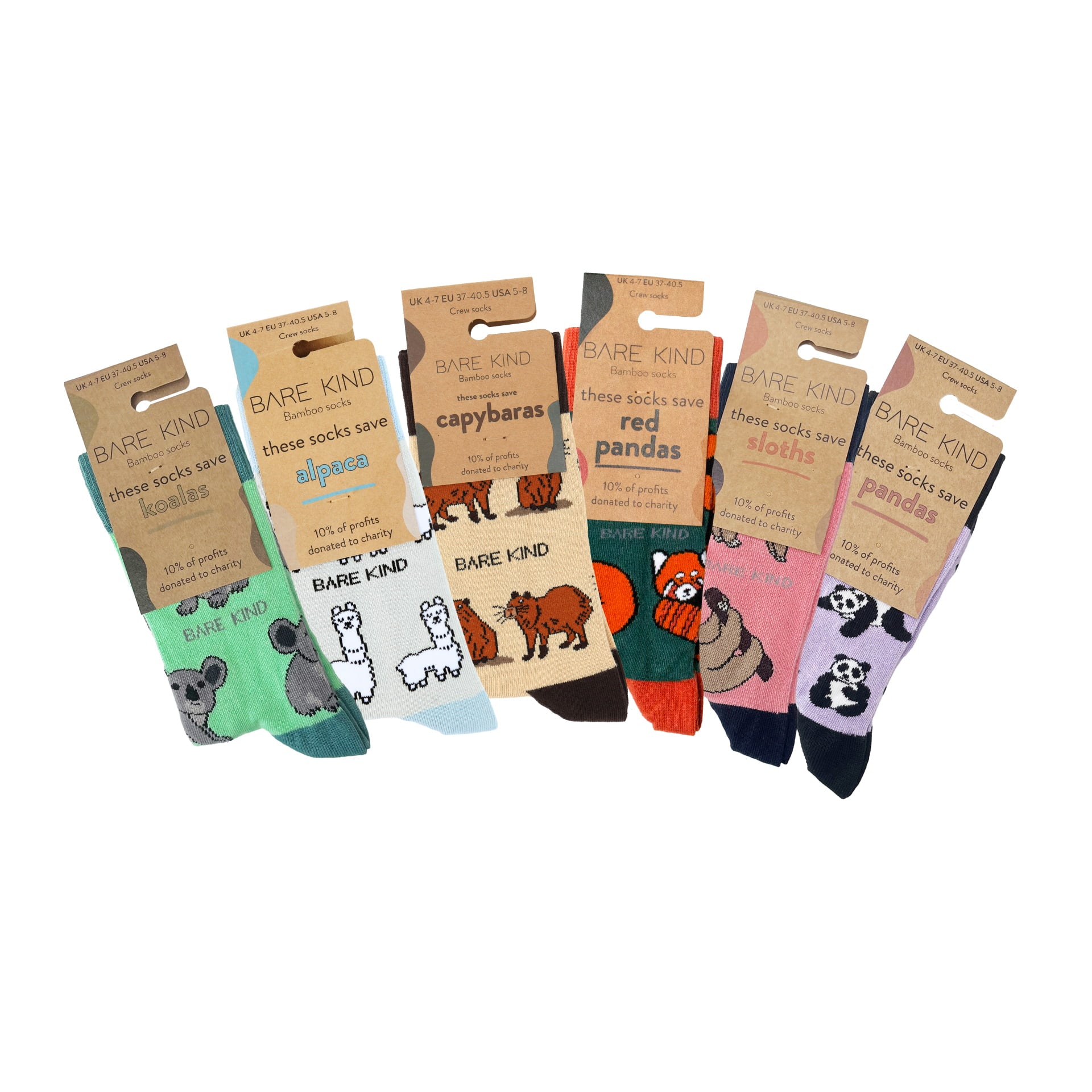 packaging flat lays of green koala, green red panda, cream capybara, grey blue alpaca, pink sloth, purple panda bamboo socks