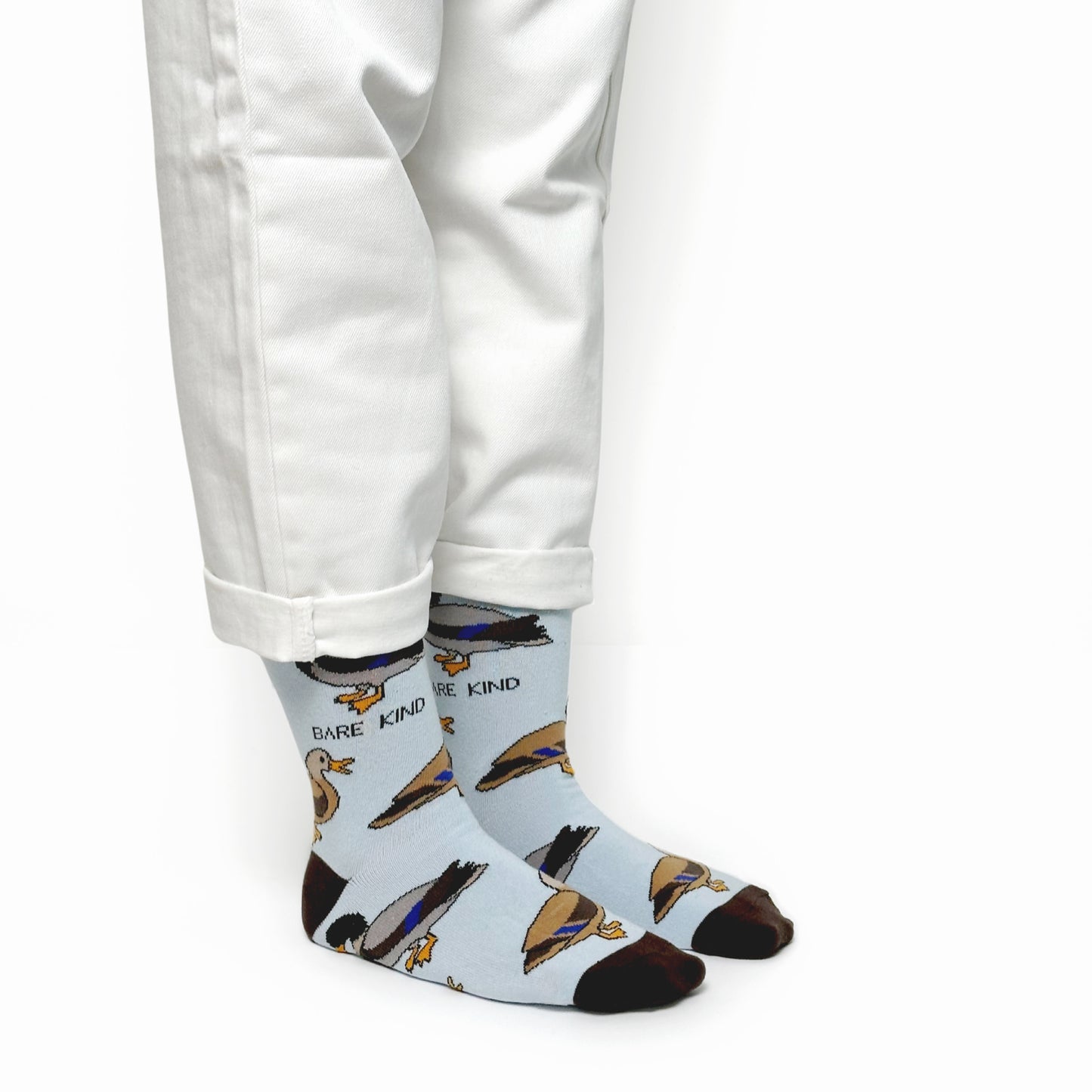 model wearing blue duck bamboo socks