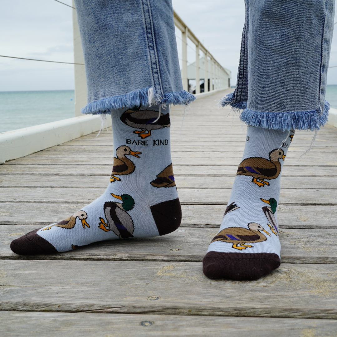 Bare Kind ducks bamboo socks on model