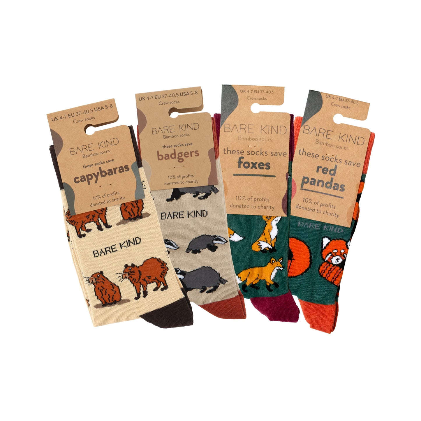 packaging flat lays of capybara, badger, fox and red panda bamboo socks