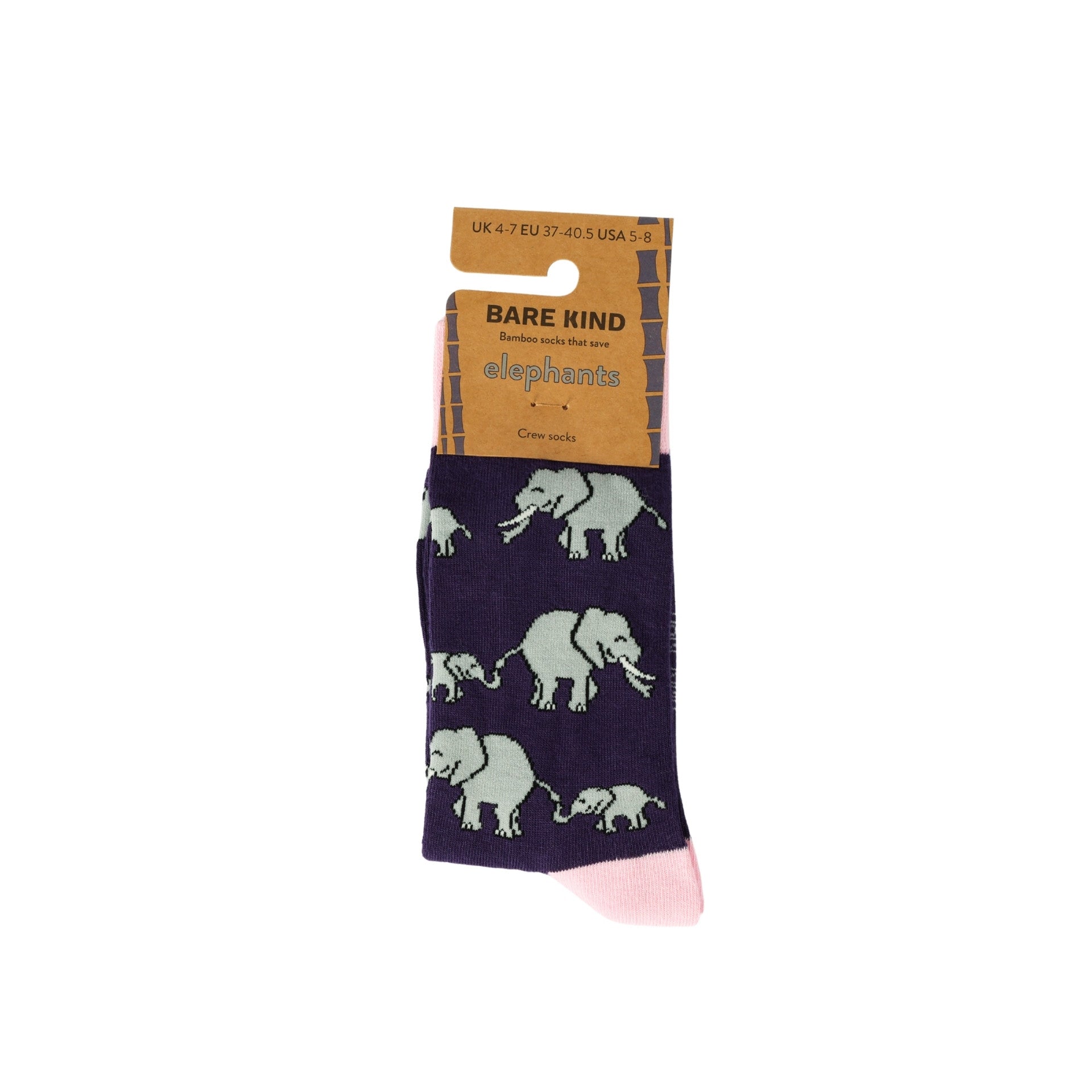 Packaged sock with elephant design on a white background