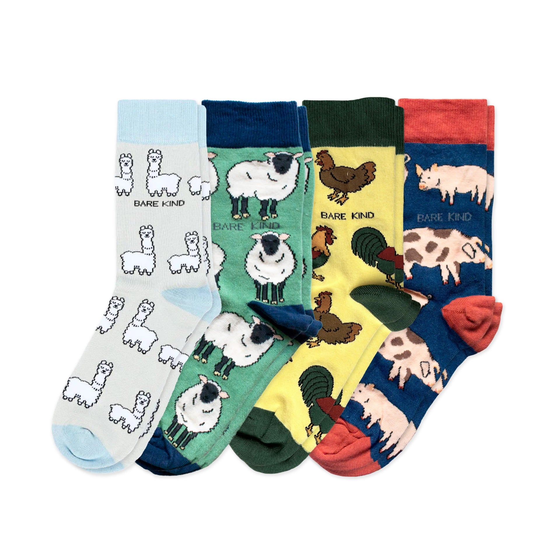 flat lays of alpaca, sheep, chicken, pig bamboo socks